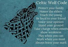 the celtic wolf code is written in black on a blue background with an image of a wolf's head