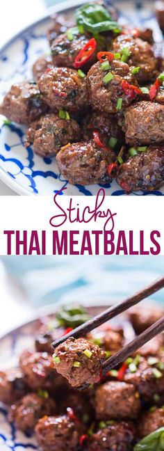 two plates with meatballs on them and chopsticks sticking out of the top