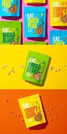 the packaging design for eat crispy corn cereals is shown in three different colors