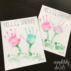 two handprinted cards with the words hello spring written on them