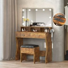 a dressing table with a mirror and stool