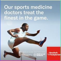 a woman running across a hurdle with the words our sports medicine doctors treat the finest in the game