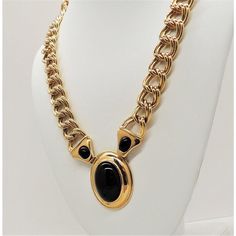 This is part of Chairish’s Costume Jewelry assortment.  Goldtone three cabochon faux-onyx rhinestones pendant necklace on a double link chain with fold over clasp. Marked "Napier." Center measures: 1 3/4 inches long by 1 7/16 inches wide.  Condition: Very good; minor goldtone wear. Most likely from Napier's 1988 Milano collection.  Please reference the measurements noted in the description above for the best approximate dimensions. Please reach out to the seller under "Ask the Seller" for specif Modern Branding, Accessories Jewelry Necklace, Vintage Signs, Vintage Necklace, Link Chain, Costume Jewelry, Onyx, Gold Tones, Pendant Necklace