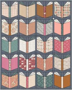 a quilted book is shown with many different colors and patterns on the pages, including pink