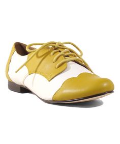 Mustard & White Holden Oxford - Women. Take on smart strides in vintage-inspired style when you lace up this oxford and its two-tone, layered design.Lace-upMan-made upperLeather  liningMan-made soleImported Layered Design, Kitten Heel, Heel Shoes, Womens Oxfords, Shoe Shop, Two Tone, Kitten Heels, Mustard