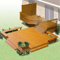 an artist's rendering of a deck and patio with planters on the ground