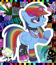 an image of a rainbow pony with sunglasses on it's head and some other things around