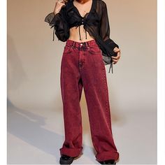 New With Tag. Rigid Denim. Huge 90s Y2k Throwback And A Gorgeous Cherry Red. Can Be Cuffed At The Bottom Or Let Loose. Drama Student Outfit, Extra Baggy Jeans, Skater Fit, Baggy Jean, Urban Outfitters Jeans, Skater Jeans, Bdg Jeans, People Brand, Red Jeans