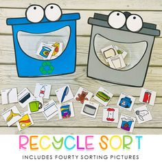 recycle sort cards and matching pictures on a wooden background with text that reads recycle sort includes four sorting pictures