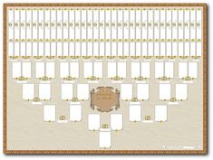 a plan for a wedding with gold trimmings and white frames on the wall