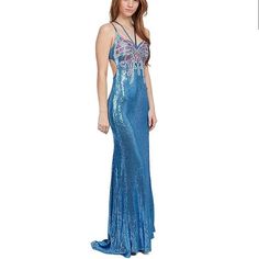 New Size 7 Sequin Butterfly Aplique V-Neck Lace Up Back Cutout Gown Blue Glamorous V-neck Gown, Glamorous Blue V-neck Gown, Spring V-neck Gown For Night Out, Blue V-neck Summer Gown, Blue Butterfly Prom Dress, Butterfly Prom Dress, Sequin Butterfly, Cutout Gown, Neck Lace