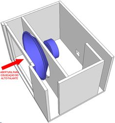 a blue toilet sitting inside of a white box next to a red arrow pointing towards it