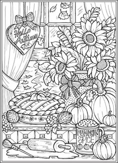 a coloring page with sunflowers, pumpkins and other autumn items in front of a window