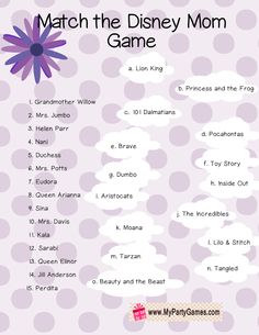 a purple and white poster with the words match the disney mom game written in it