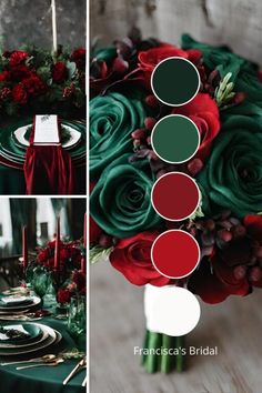 red and green wedding color palettes for the bride's bouquet, table settings and centerpieces