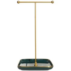 a gold and green tray with a metal pole on the top, in front of a white background