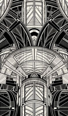 an abstract black and white photo with geometric shapes in the center, as well as lines on