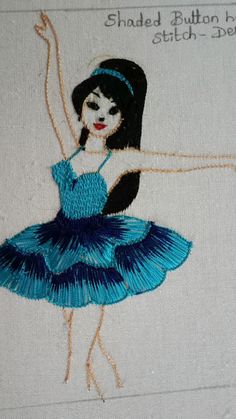 an embroidered picture of a woman in a blue dress with her arms up and legs spread out