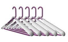 six purple and white kitchen utensils hanging from a rack on a white background