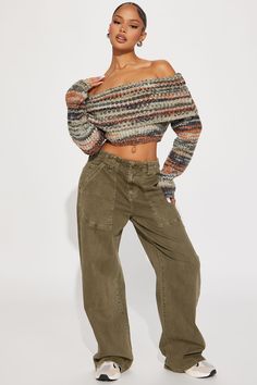 Available In Multi Color. Pullover Sweater Long Sleeve Off Shoulder Fold Over Detail Cropped Disclaimer: Pattern Placement May Vary. 49% Acrylic 39% Polyester 12% Wool Imported | Autumn Leaves Off Shoulder Sweater size 1X by Fashion Nova Utility Jeans, Olive Green Pants, Big Sweaters, Off Shoulder Sweater, Streetwear Fashion Women, Trendy Fall, Women Hoodies Sweatshirts, Sweater Long Sleeve, Lookbook Outfits