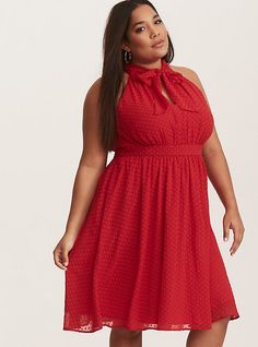 Plus Size Retro Chic Red Textured Dot Chiffon Dress, JESTER RED, hi-res Plus Size Red Dress, Little Mermaid Dresses, Black Cold Shoulder Dress, Midi Skater Dress, Beautiful Red Dresses, Tie Neck Dress, Plus Size Party Dresses, Black Short Dress, Cocktail Evening Dresses