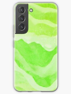 an iphone case with green and white watercolors on the back, featuring mountains