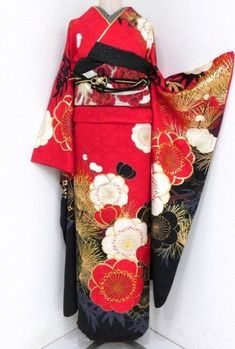 Furisode is a kimono with longer sleeves, which are made by reducing the number of seams between the body and sleeves. In modern Japan, it is the formal dress for young women. It is often worn for both bridal gowns and attendants at coming-of-age ceremonies and weddings. Made in Japan. [Obi and accessories in the image are NOT included in this item]  Condition  There are wrinkles from storage. Please check the pictures.  Size  Suitable for height about 170 - 180 cm (66.9 - 70.9 inch). Clothes length from the shoulder: 175 cm (68.9 inch) The length from the center of the neck to the bottom of the sleeve: 72 cm (28.3 inch) Sleeve length: 112 cm (44.1 inch) Front width: 24.5 cm (9.6 inch) Back width: 30.5 cm (12 inch) Traditional Red Festive Kimono, Kimono Modern, Japanese Kimono Dress, Red Spider Lily Kimono, High-end Red Kimono With Kimono Sleeves, Furisode Kimono, Cute Kimonos, Japanese Traditional Clothing, Red Kimono