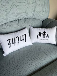 two pillows that are sitting on top of a couch in front of a pillow case