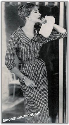 Vintage Style Women's Dress Knitting Pattern. 1960's Directions are for size 12. Changes for sizes 14 and 16 are in parentheses. Puritan Collar, 40's Fashion, Vogue Vintage, Glamour Vintage, Vogue Knitting, 1950s Style, Vintage Glam