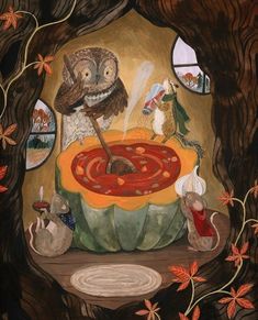 an owl is sitting at a table surrounded by mice and other animals in the woods