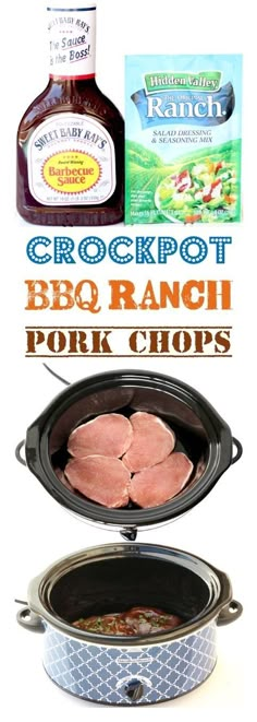 an image of bbq ranch pork chops in the crock pot with text overlay