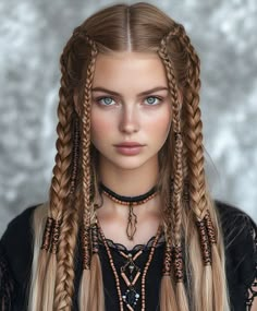 Buns With Braids Hairstyles, Viking Bride Hair, Multi Braid Hairstyles, Women’s Viking Hairstyles, Viking Hair Tutorial, Braided Hair With Beads, Pirate Hairstyles For Women, Thread Braids, Braided Knots