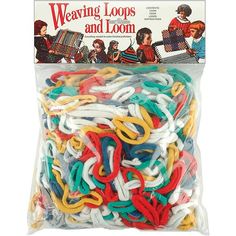 an assortment of weaving loops and loom in plastic bag with the package on top