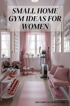 small home gym ideas for women with pink decor and accessories on the floor in front of a window