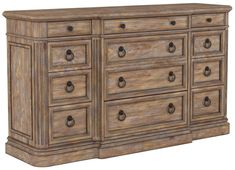 a large wooden dresser with drawers and knobs on it's sides, against a white background