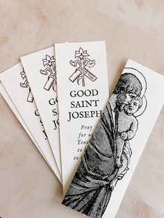 **Buy 3, save 15% - join our email list for new releases and coupons A set of St. Joseph bookmarks with an image of Joseph on the front and a prayer printed on the back. These are printed in a dark bronze/maroon ink. Choose from a set of 4 or 10 bookmarks. They measure 2x6 inches and are printed on 16 pt glossy paper. Shipping: You will receive a confirmation email via Etsy once your order has been shipped, which will include a Delivery Confirmation number for domestic orders. Copyright Lauren G Saint Joseph Prayer, St Joseph Prayer, Catholic Design, Catholic Confirmation, Biblical Artwork, Catholic Wall Art, Bible Bookmark, Catholic Crafts