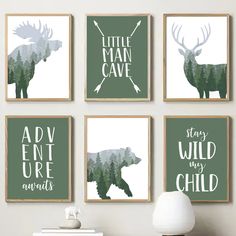 four green and white wall art prints with deer, bear, moose, and antelope