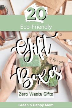 the words eco - friendly gift boxes are surrounded by photos and other things to put in them