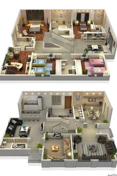 two 3d floor plans of a house with living room and dining area in the middle