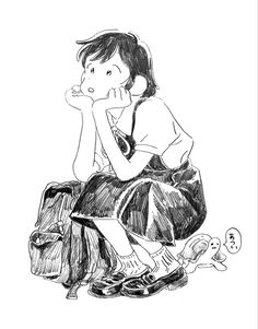 a black and white drawing of a woman sitting on the ground with her hand to her mouth