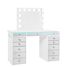 a white dressing table with drawers and a mirror on the top, all lit up