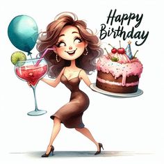 a woman in a dress holding a cake and a wine glass with the words happy birthday on it