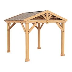 a wooden gazebo with metal roof and shinning on the sides, isolated against a white background