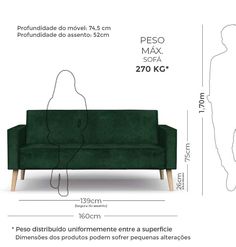 an image of a green couch with measurements for the back and side view, including height