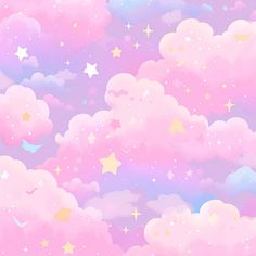 the sky is full of stars and clouds in pastel pink, yellow and blue