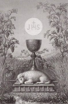 a sheep laying on top of a table next to a chalice and an urn