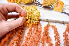 someone is working on some kind of flower arrangement with twigs and flowers in the background