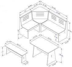 three benches and a table are shown with measurements