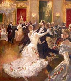 a painting of people in formal dress dancing