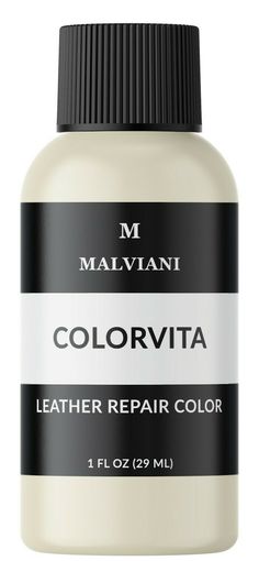 a bottle of color vita leather repair color on a white background with black and gray stripes